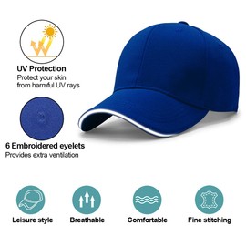 Baynetin Men Baseball Caps, 100% Cotton 6 Pannels Plain Solid Color Hat,Pre-Curved Visor with Sandwich. Adjustable Breathable Summer Sun Hat Sports Cap for Outdoor. (Blue)