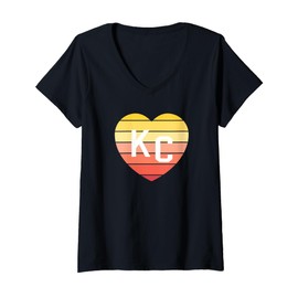 Womens Heart KC Retro Sun Red/Yellow KC Heart Love KC Love Letters V-Neck T-Shirt