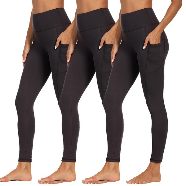 3 Pack Leggings with Pockets for Women - Buttery Soft High Waisted Tummy Control Yoga Pants for Workout Running