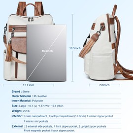 Shrrie Laptop Backpack for Women 15.6 inch,Travel Leather Backpack Purse Nurse Teacher Carry on Backpack Computer Bag,Professional Water-Resistant College Business Work Casual Daypack,Beige with Brown
