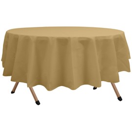 dinexlence 2 Pack Gold Premium Plastic Tablecloth Round 84 Inches Reusable Shinning Harvest Gold Decorative Table Cover for Dining, Wedding, Party, Indoor and Outdoor use