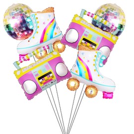 Kawailay Pack of 6 22 Inch 4D Disco Foil Balloons Rainbow Roller Skate Radio Boombox Balloons 70s Disco Party Aluminium Balloons for Dance Party Wedding Birthday Graduation Colourful
