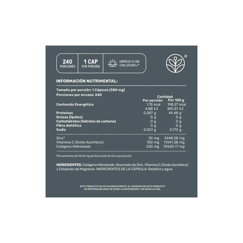 Zinc Vitamina Life360 Zin Blend 240 Cápsulas Colageno Sabor