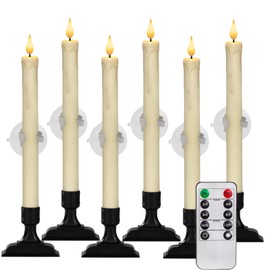 Homemory 6 Pcs Window Candles with Remote Timer Dimmer, Battery Operated Taper Candles with Holders and Suctions, White Christmas Candles for Window, Flameless Candlesticks for Xmas Holiday Decor
