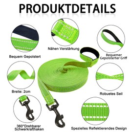 Demigreat Recall Lead for Dogs, 5 m / 10 m / 15 m / 20 m Robust Long Dog Lead Reflective Training Lead with Padded Handle and Hand Strap, Training Lead for Small to Large Dogs