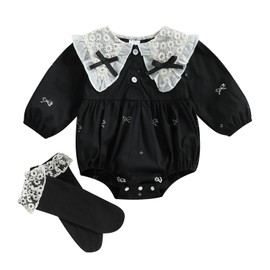Chloefairy Newborn Baby Girl Bubble Romper Bow Embroidery Peter Pan Collar Smoked Bodysuit with Socks Spring Clothes (Black, 6-12 Months)