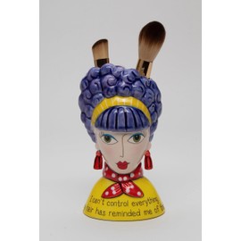 Fine Ceramic Dollymama's by Joey Purple Hair Lady Makeup Brushes Holder Vase, 6-1/4" H
