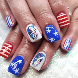 Square Press on Nails Medium 4th of July Glossy Fake Nails American Flag Star Coffin Full Cover Glue on Nails Independence Day False Nails with Patriotic Design Cute Stick on Nails for Women 24Pcs