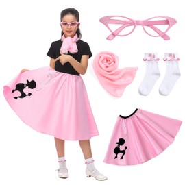 Rabtero Kids Socks Hop Costume, Girls 1950s Dress Costume, 50s Poodle Skirt with Scarf, Glasses and Socks for Girls 4-6, Small, Pink