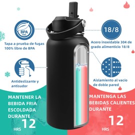 Termo de Acero Inoxidable 32 oz, Botella de Agua Deportiva de 1 Litro, Termos para Agua Fría (24 horas) o Caliente (12 horas), Termos para agua para Gimnasio, Viaje, Oficina, Escuela, Camping