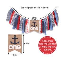 Nautical 1st Birthday High Chair Banner for Baby Boys - Nautical Themed Birthday Party Decorations, Anchor, Navy Red and White Burlap Banner, Baby Shower Photo Props