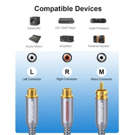 SOUNDFAM RCA Y Splitter 1 Male to 2 Female RCA/Phono Splitter Cable Stereo Y Adapter Gold-Plated Plug for Subwoofer, TV, CD Player, Home Theater-Grey(1ft/30CM-2Pack)