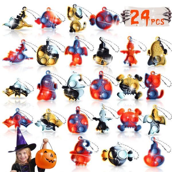 TOANWOD Halloween Party Favors Keychains: Pop Fidget Toys Goodie Bag Fillers Gifts for Kids - Trick Or Treats Basket Stocking Stuffers - Sensory Stress Relief Toy Classroom Prizes (24Pcs)
