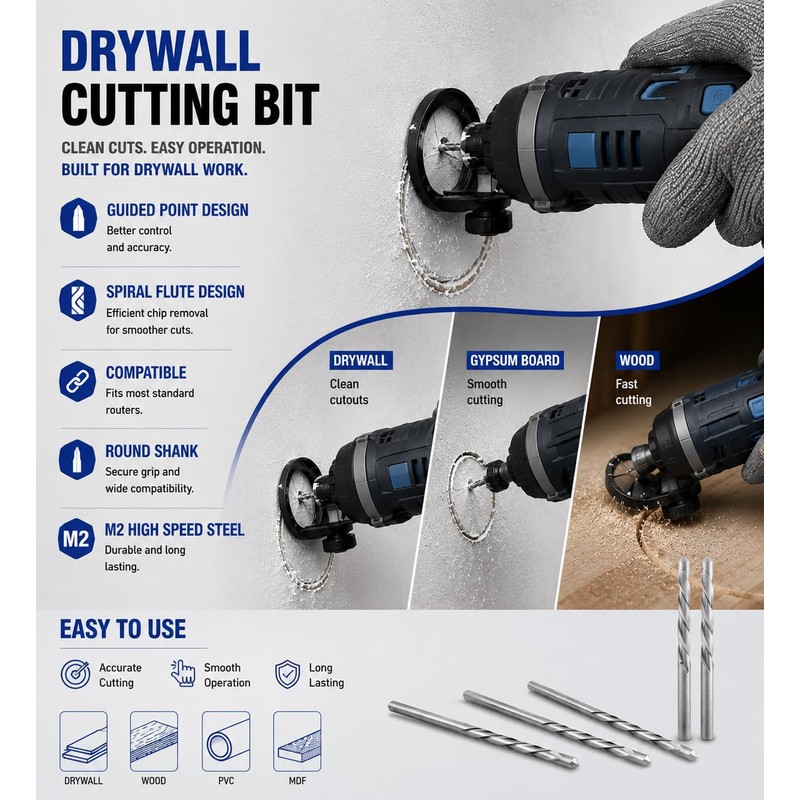 Drywall Cut Out Bit 1/8 Inch Guidepoint Rotary Router Tool