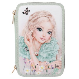 Depesche 13303 TOPModel Summer Feeling Filled 3-Compartment Pencil Case in Sage Green, with Model Motif and Flowers, Pencil Case with Colouring Pencils, Ruler, Scissors and Much More