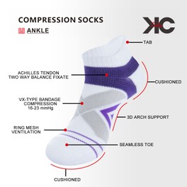KC-TAHO Compression Ankle Socks For Women (4 Pairs) Cushioned Arch Support Athletic Socks for Running, Golf & Sports