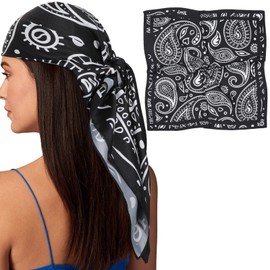 AWAYTR 35” Silk Scarf for Women Large Head Scarf Square Hair Scarf Satin Hair Bandana Printed Silk Sleeping Head Wrap (Big Cashew(Black))