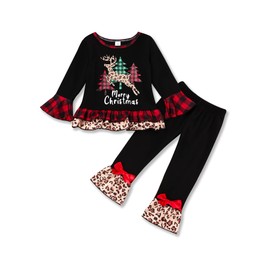 Merry Christmas Outfit Toddler Baby Girl Funny Letter Top + Ruffle Bell Bottom Pants Christmas Clothes Set