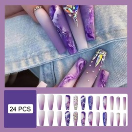 24 PCS Press-on Nail Long Fake Nail Violet Pattern False Nail Shiny False Nails Rhinestone False Nail Purple Gradient False Nail Gift for Women (No.45)