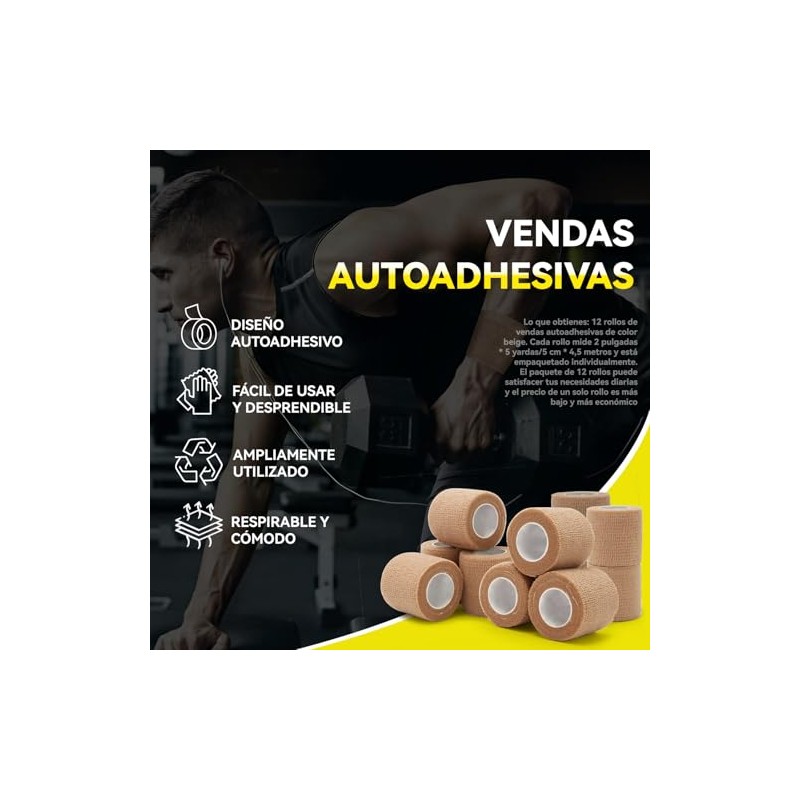 12 Rollos De Vendaje Autoadhesivo, Cinta Deportiva Elástica, 5cm X