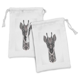 Lunarable Giraffe Fabric Pouch Set of 2, Oriental Elements East Culture Bohemian Pattern Symmetric, Small Drawstring Bag for Toiletries Masks and Favors, 9" x 6", Dried Rose Black White