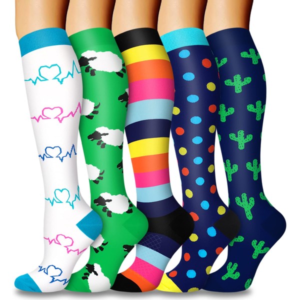 5 pares de calcetines de compresión de cobre para mujeres y hombres, circulación de 20 a 30 mmHg, el mejor apoyo para correr, atletismo, enfermería, viajes, 01 Green/White/Blue/Sheep, S-M
