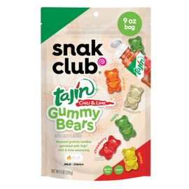 Snak Club Tajin Gummy Bears, Assorted Fruit Candy Gummies with Chili and Lime Seasoning, Mild, Gluten-Free and Vegan Snacks, 9 oz Resealable Bag