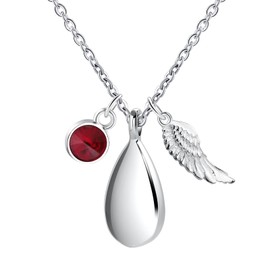 KnSam Stainless Steel Ash Pendant, Drop Heart Necklace with Birthstone Crystal Pendant Angel Wings Urn Pendant Heart Memorial Chain - Silver, Stainless Steel, Cubic Zirconia