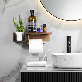 Wall-Mounted Toilet Paper Holder with Shelf and Storage, Made of Walnut Wood - Toilet Roll and Tissue Holder for Bathroom(Walnut Wood)