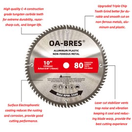 10 Inch 80T Aluminum Non-Ferrous Metal Saw Blade with 5/8-Inch Arbor, Upgrade TCG Grind