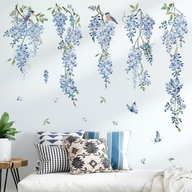 decalmile Wall Tattoo Hanging Vine Flowers Blue Wall Sticker Blossoms Wisteria Branch Plants Wall Sticker Bedroom Living Room Sofa Wall Decoration