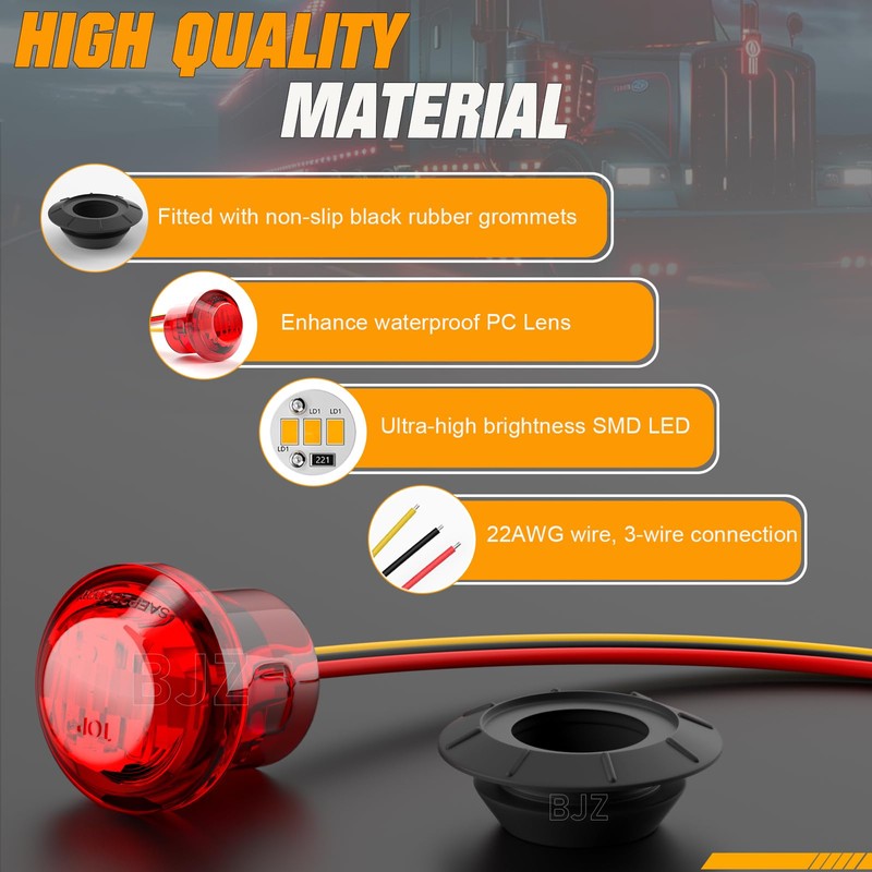 BJZ 3/4" Strobe+Marker Dual Function Red Round Trailer LED Side