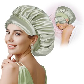 BONNET QUEEN Silk Bonnet for Sleeping Women Satin Bonnet with Eye Mask Non Slip Hair Wrap for Curly Hair Night Sleep Cap Matcha Green