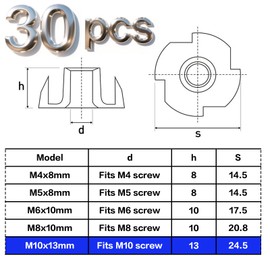 Mbsomnus Drive-in Nuts M10 x 13 mm Drive-In Nuts 30 Pieces Threaded Insert Wood with 4 Drive-In Tips Screw Nut Carbon Steel Impact Nuts for Wood Boards Furniture Climbing Walls DIY