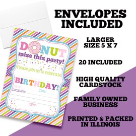 Colorful Donut with Sprinkles Birthday Party Invitations, 20 5x7 Fill In Cards with Twenty White Envelopes by AmandaCreation