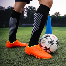 Hawkwell Men's Big Kids Youth Athletic Outdoor Professional Firm Ground Soccer Cleats, Orange Lime, 8 M US