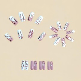 Cute Medium Coffin Press on Nails 24Pcs False Fake Nails Simple with Nude White Flowers Design French Tip Full Cover Thick Glossy Acrylic Glue on Nails Stick on Nails for Women Y915