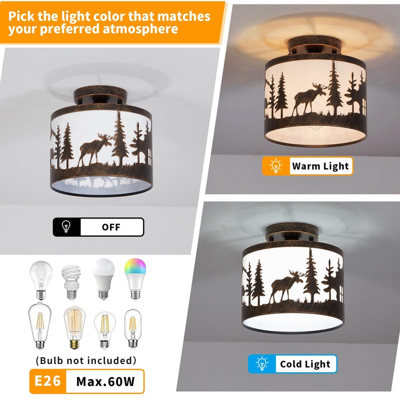 Rustic Semi Flush Mount Ceiling Light with Shade, Black Metal