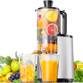 Cold Press Juicer, EUHOMY 5.5" Extra Large Feed Chute Slow Masticating Juicer, 250W Juicer Machines, 99.6% High Juice Yield, Easy to clean, Reverse Function, for Whole Vegetables & Fruits. Sliver