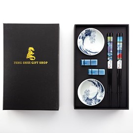 Premium Chopstick Set – 2 Ceramic Dishes, 2 Bamboo Chopsticks, 2 Ceramic Holders – Elegant Gift Box for Sushi, Ramen & Asian Cuisine (Ocean)