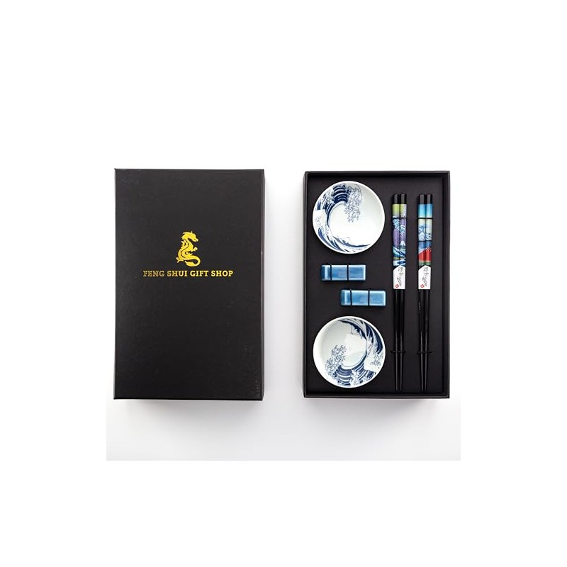 Premium Chopstick Set – 2 Ceramic Dishes, 2 Bamboo Chopsticks,