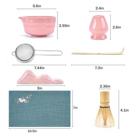 SOOCVWOLF 7 Pcs Matcha Whisk Set, Ceramic Matcha Set, Matcha Kit for Tea Ceremony, Matcha Whisk and Bowl, Matcha Tea Set for Making Latte Drinks, Gift for Matcha Lover and Starters(Pink)