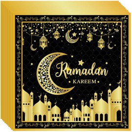 Pack of 48 Ramadan Napkins, Ramadan Decoration 33 x 33 cm, Ramadan Party Napkins, Black Gold Napkins for Eid Celebration, Ramadan Decoration and Table Accessories for Special Occasions