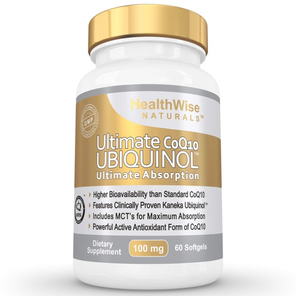 HealthWise Naturals Ultimate CoQ10 UBIQUINOL 100mg - Over 4X More Effective: Maximum Absorption & Potency - Non-GMO/Soy Free - Kaneka Ubiquinol - 60 Liquid Softgels