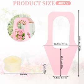 FHUIEWRY 40 Pcs Pink Kraft Paper Flower Gift Bags Bouquet Bags with Handle,Bouquet Wrapping Paper with Sparkling Ribbon, Cone Floral Bag for Wedding Graduation Party Florist (Pink, Pack of 40)