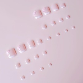 Flower Press on Toe Nails French Tip Fake Toe nails with Pink Flower Designs False Toenails Square Glue on Toenails Pink Stick on Toe Nails Glossy Acrylic Toenails Full Cover Artificial Toenails
