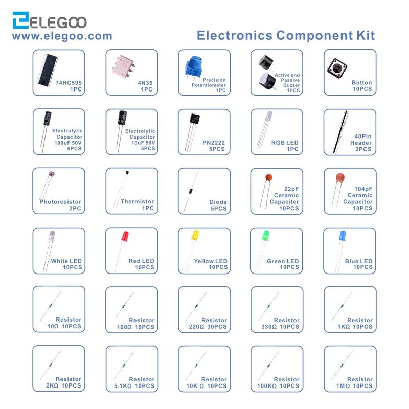 ELEGOO Electronic Component Basic Starter Kit Precision Potentiometer, Buzzer, Capacitor