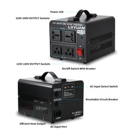 LVYUAN Voltage Converter Transformer 1500 Watt Step Up/Down Convert from 110V-120V to 220V-240Vt and from 220V-240V to 110V-120V with 2 US outlets, 2 Universal outlets, Resettable Circuit Breaker