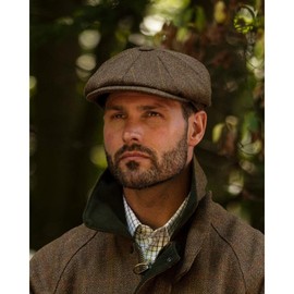 WALKER AND HAWKES - Men's Green Sage Derby Tweed 8-Panel Charlie Baker Boy Style Teflon Coated Cap - Brown Tweed - L (59cm)