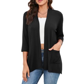 HIYIYEZI 3/4 Sleeve Cardigans for Women Easy to Wear Flowy Open Front Clothing with Side Pockets (Medium, Black)